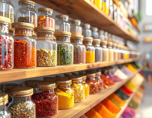 Fototapeta Naklejka Na Ścianę i Meble -  Close Up View of Spice Jars Displayed on Wooden Shelves in a Shop Interior with Colorful Assortment and Soft Lighting