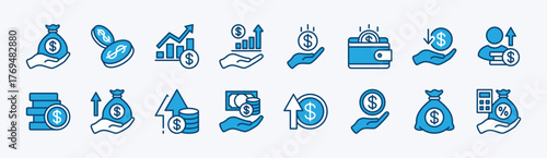 Set of financial income icon. Contains money, profit, earnings, salary, savings, growth up arrow, dollar currency, wallet, budget, wages, billfold, wealth, calculate tax, bonus, coin. Illustration