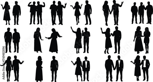 Human interaction silhouette, people standing together, couple pose gesture, social behavior icon, communication body language, flat vector illustration