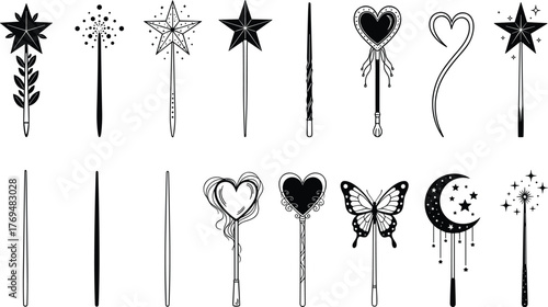 Magic wand collection, fantasy wand icons, whimsical magical tools, enchanted stick designs, cute sparkly wands, flat vector illustration