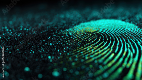 Glowing green fingerprint on black background, close-up. Digital identity concept