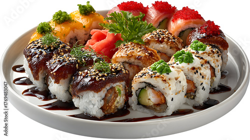 Assorted maki sushi rolls, arranged circular platter with garnish, isolated on white background