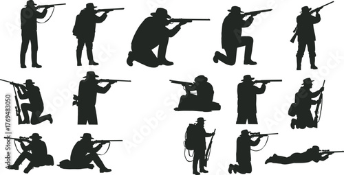 Rifle shooter silhouettes, tactical stances, military poses, hunting gear, shooting positions, black figures, weapon training, vector design, flat vector illustration