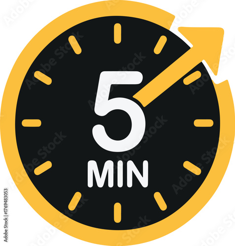 A clock showing a five minute time interval clock, time, five, minutes, interval, deadline, timer, arrow, round, yellow, black, white