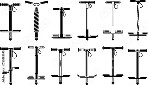 Pogo stick collection, jumping toy icons, spring-loaded stick designs, fun outdoor gear, active play equipment, flat vector illustration