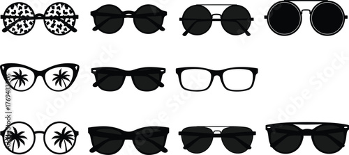 Stylish sunglasses collection, summer eyewear icons, fashion accessories, trendy shades, palm tree reflection, flat vector illustration, modern design elements