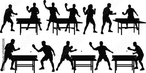Table tennis silhouette, ping pong player action, paddle stroke pose, sports movement icon, gameplay technique vector, flat vector illustration