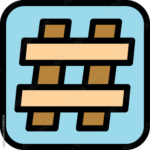 Brown hashtag symbol filling square button with light blue background, representing social media tagging