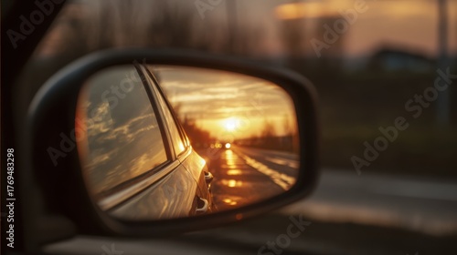 Close up of car rearview mirror reflecting sunset road, soft golden light, sharp focus on mirror, blurred background, cinematic composition