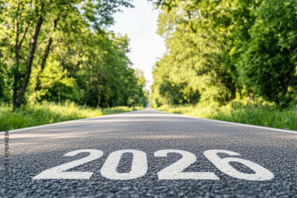Obraz premium Roadway marked with the year 2026, surrounded by lush green trees and foliage, creating a serene and inviting atmosphere for future journeys and adventures