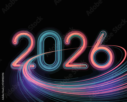 Bright neon numbers 2026 glowing against dark background with light trails
