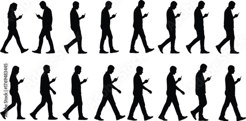Walking silhouette sequence, mobile phone posture, human motion frames, animation reference, digital anchor point, flat vector illustration, black design elements
