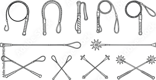 Whip collection, baton set, fantasy weapons, medieval tools, martial arts gear, black silhouette, combat icons, flat vector illustration
