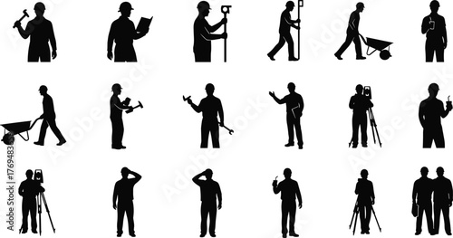 Construction worker silhouettes, engineering tools, survey equipment, labor icons, industrial professions, vector illustration, black figures, site activity, flat vector illustration