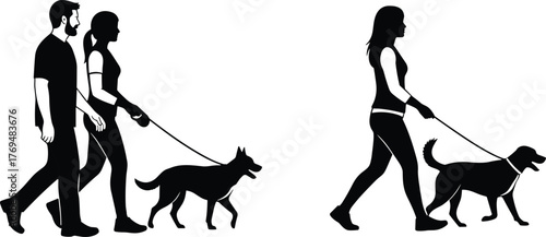Dog walking silhouette set, people with pets, black vector figures, pet owner activity, leash walking scene, flat design illustration