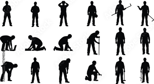 Construction workers silhouettes, manual labor poses, industrial tools, building site activity, flat vector illustration, engineering team, maintenance crew, occupational roles