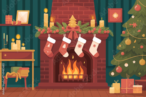 Cozy christmas scene with a fireplace stockings and decorated tree