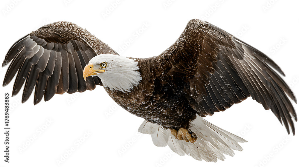 Obraz premium Bald eagle in flight, wingspan wide with sharp detail, natural daylight, isolated on white background