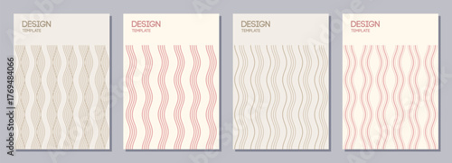 Set of flyers, posters, banners, placards, brochure design templates A6 size. Graphic design templates with color vertical stripes, lines. Wavy texture. Vector pastel color striped backgrounds.