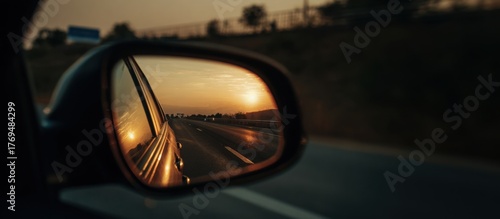 close up of rearview mirror reflecting sunset over highway, elegant warm tones, travel and nostalgia aesthetic