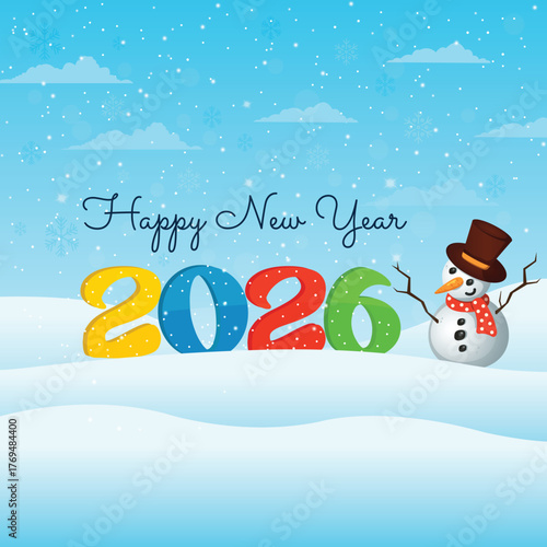 Happy New Year 2026 with Snowman in Winter Wonderland