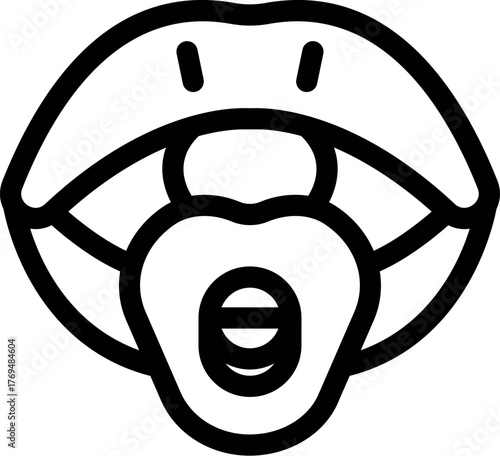 Line drawing of open lips holding a pacifier, evoking themes of infancy, oral fixation, and emotional comfort