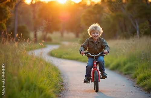 Blond boy rides red bike on paved path at sunset. He pedals through grassy Australian bushland with trees in background. Sun shines brightly.