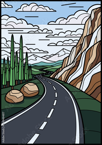 Scenic Landscape Mountain Road Trip Illustration with Nature Elements