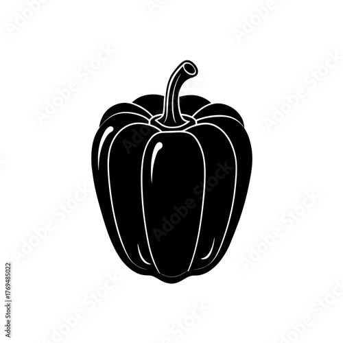 Illustration of a single black bell pepper with a visible stem and glossy shine on transparent background