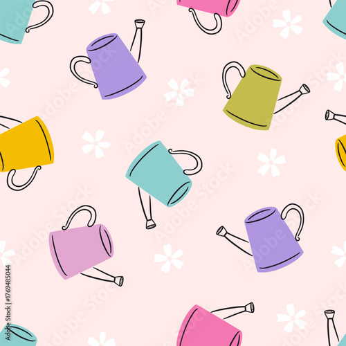 Colorful Watering Cans Vector Seamless Pattern
