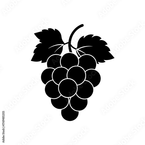 Illustration of a bunch of grapes with leaves in black and white color scheme on transparent background