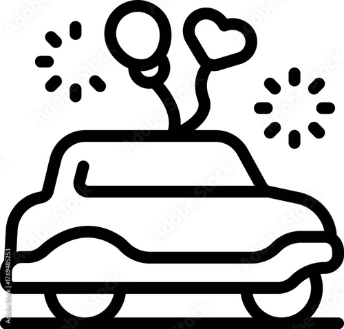 Car decorated with heart shaped balloons celebrating a just married couple leaving the wedding ceremony
