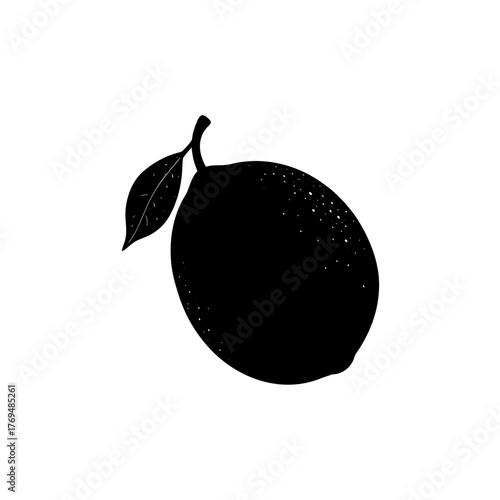 Illustration of a single dark lemon with a leaf attached to the upper left side on transparent background