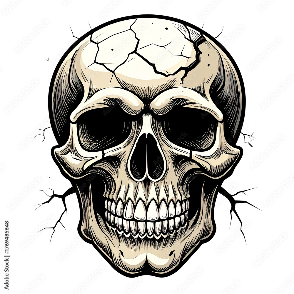 Fototapeta premium PNG cartoon vector of a cracked skull with rugged texture, ideal for horror designs, dark art, edgy graphics, rock band posters, Halloween themes, and alternative creative branding projects