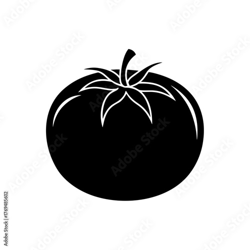 Illustration of a single tomato with stem and leaves in black and white style on transparent background