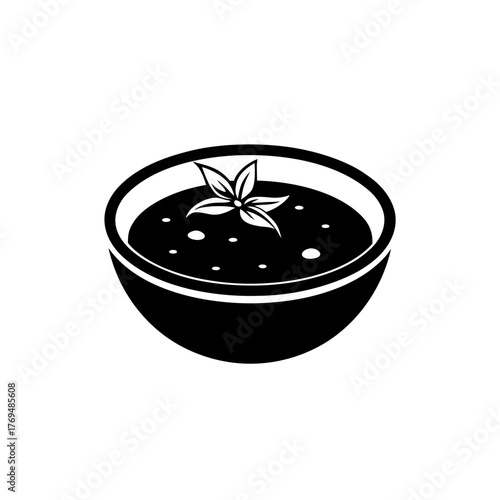 Illustration of a bowl of soup with a garnish of leaves on top in black and white on transparent background