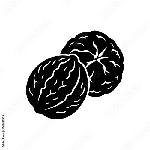 Illustration of two walnuts in black and white with detailed shell texture on transparent background