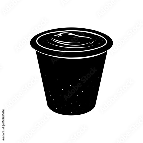 Illustration of a black plastic container with a lid and some white speckles on transparent background