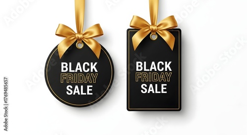 Black friday sale tags with golden ribbons and bows on white background