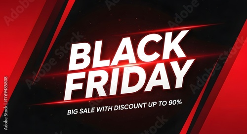 Bold black friday sale announcement with red accents and discount information