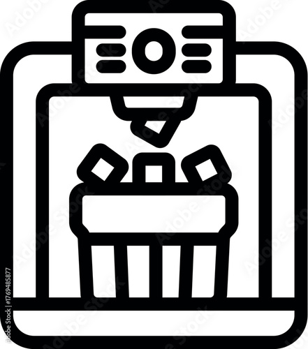 Ice maker machine pouring ice cubes into basket, simple black and white icon of home appliance