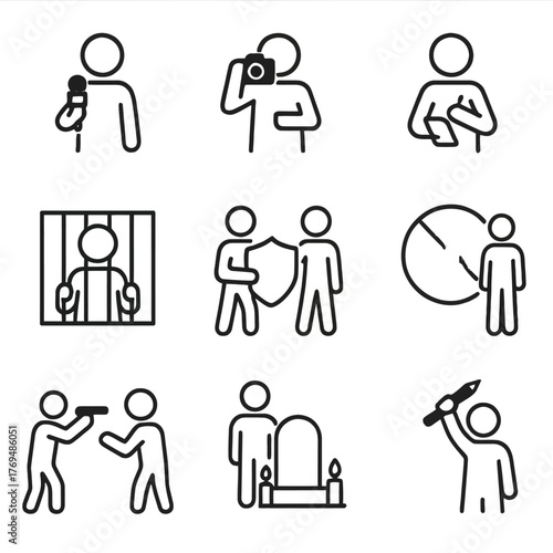 Stop Crimes Against Journalists Icon Set: Media Harassment, Censorship, and Threat Silhouettes