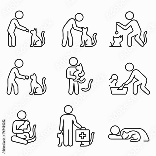 Cat Care and Ownership Icon Set: Petting, Feeding, and Veterinary Line Art