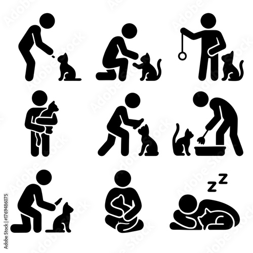 Cat Care and Owner Silhouette Icon Set: Petting, Feeding, and Comfort