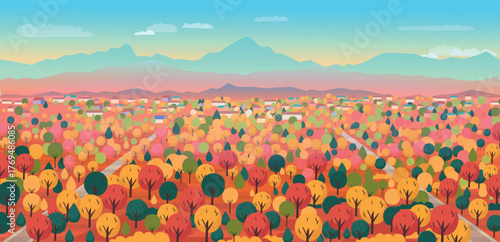 Autumn forest with a village, mountains, and a road. Beautiful autumn landscape, hand-drawn vector illustration. Cartoon vector illustration