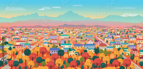 Autumn forest with a village and mountains. Suburban landscape.View of high-rise buildings and countryside.Cartoon vector illustration