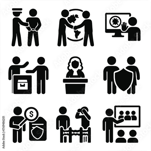 Transnational Organized Crime Prevention Icon Set: Justice, Security, and Human Rights