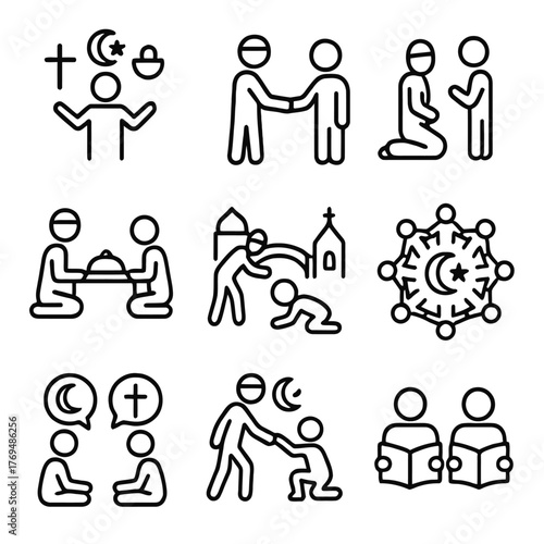 Interfaith Dialogue and Religious Tolerance Icon Set: Islam and Christianity Outline