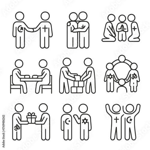 Interfaith Dialogue and Religious Tolerance Icon Set: Islam and Christianity Outline