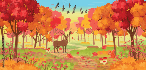Autumn forest with a village and a winding path, a deer, and a squirrel. Beautiful autumn landscape deep in the forest, hand-drawn vector illustration.